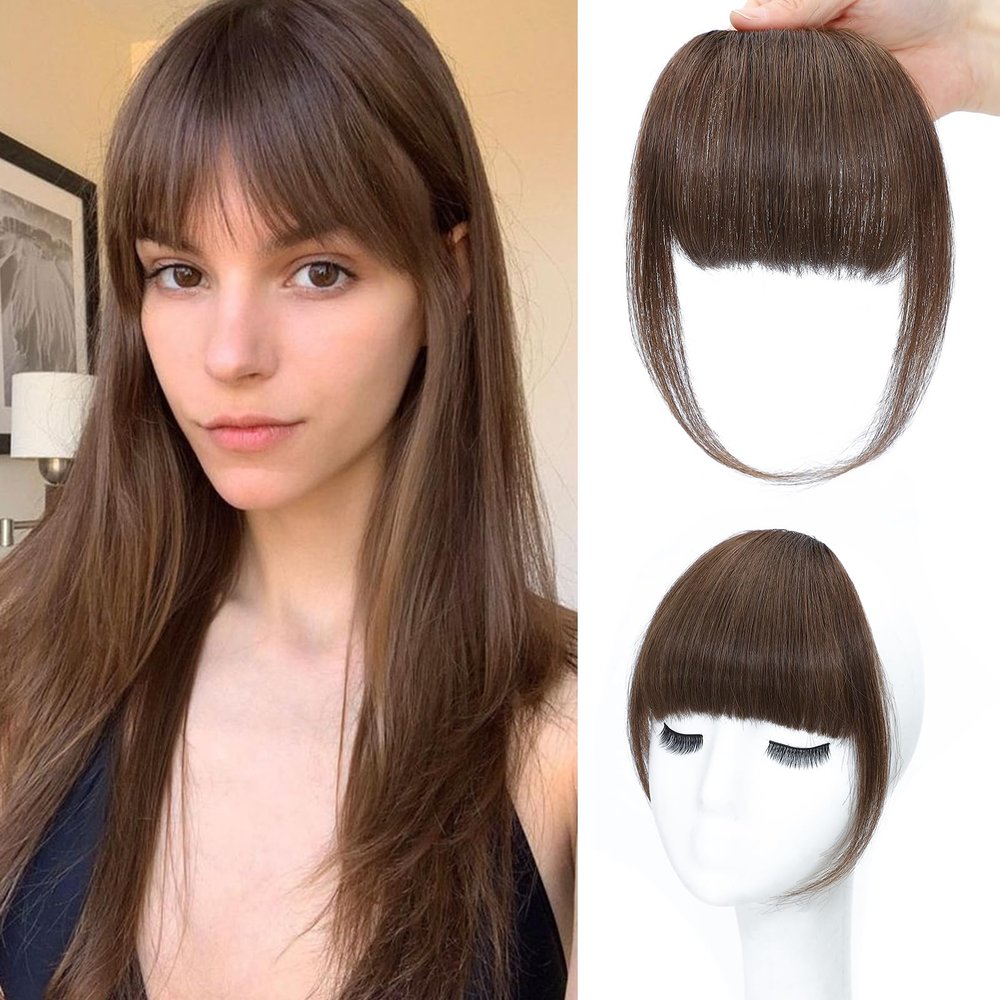 NAYOO Bangs Hair Clip- Brown Fake Bangs 100% Real Human Hair Extensions French Bangs for Women Fringe with Temples Hairpieces Curved Bangs for Daily Wear