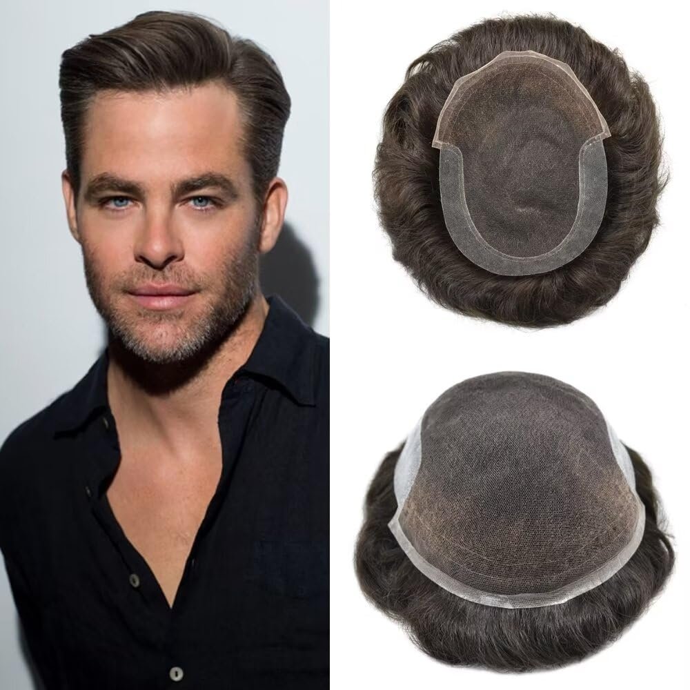 French Lace Front Mens Toupee European Human Hair Piece Bleached Knots Natural Hairline Men Hair System Toupee for Men Hair Prostesis8X10"-120% density#210 Darkest Brown+10% Gray