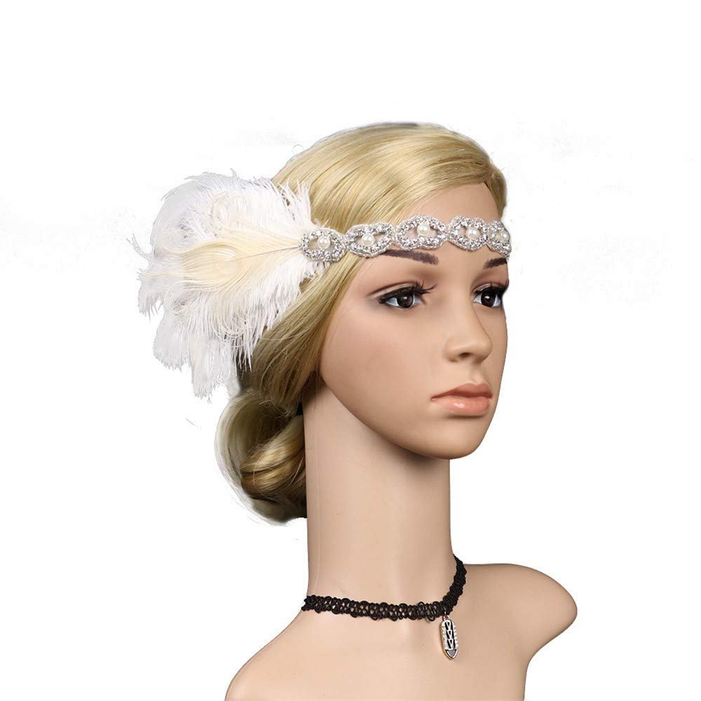 1920s Vintage Headpiece Headband Headdress Great Flapper Headband Head Bow Men (White, One Size)