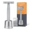 Double Edge Safety Razor with Stand, Single Blade Razors for Men and Women, Reusable Metal De Razor, Men's Safety Shaving Razors with 10 Double Edge Blades, Smooth and Close Shave, Matte Silver view 1