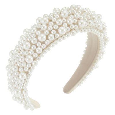 Gmmidea Padded Pearl Headband Thick Beaded Headbands for Women Non Slip Fancy Puffy Headband Pearl Headpiece for Bride Wedding Hairband Hair Accessories Gift B-Beige