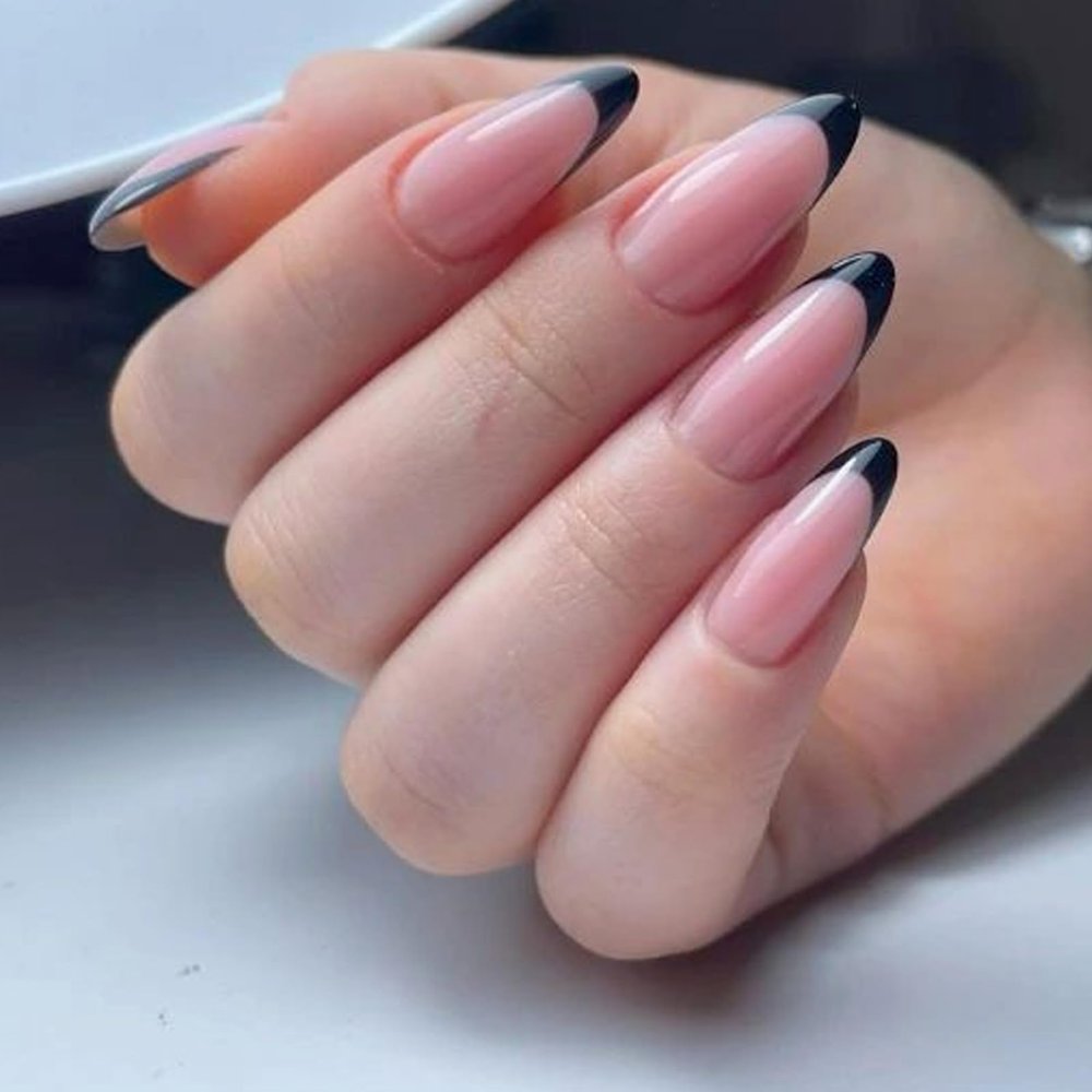 Bellelfin 48Pcs Black French Tip Press on Nails, Medium Almond French Tips Fake Nails, Full Cover Almond Acrylic Nails Press on, Artificial False Nail Glue on Nails for Women Girls Fingernails Decor