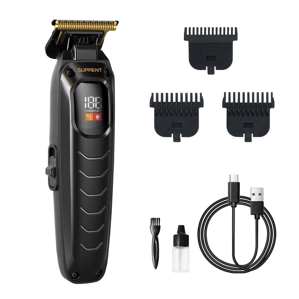 SUPRENT Hair Trimmers for Men - Electirc Cordless Beard Hair Trimmer with LED Display, High-Performance Rechargeable Zero-gapped Trimmer for Home Use with Titanium Blades (Black)