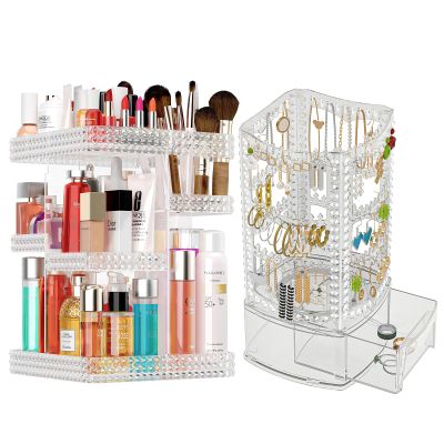360 Rotating Makeup Organizer, Acrylic Earring Holder Jewelry Organizer, Total 2Pcs, Adjustable Large Capacity, Easy To Assemble Cosmetic Storage for Lipsticks Brushes, Perfume or Jewelry Display