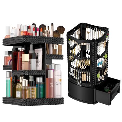 360 Rotating Makeup Organizer, Acrylic Earring Holder Jewelry Organizer, Total 2Pcs, Adjustable Large Capacity, Easy To Assemble Cosmetic Storage for Lipsticks Brushes, Perfume or Jewelry Display