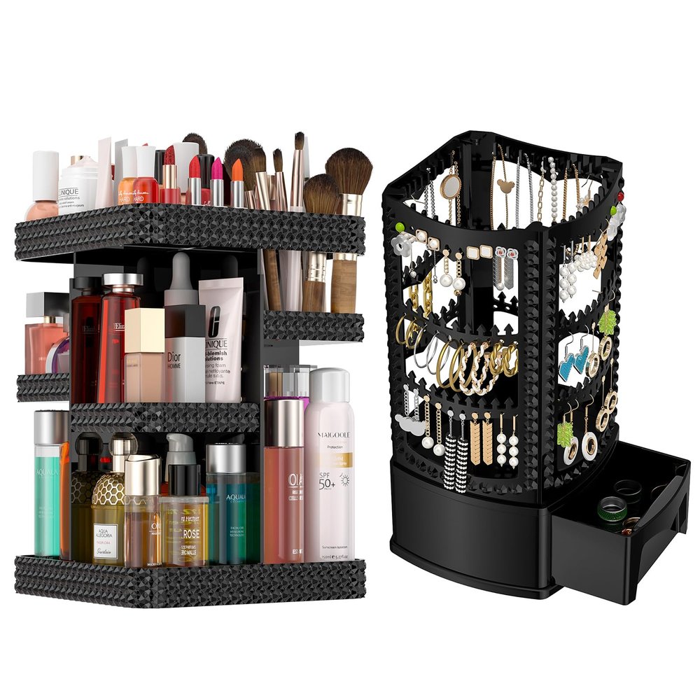 360 Rotating Makeup Organizer, Acrylic Earring Holder Jewelry Organizer, Total 2Pcs, Adjustable Large Capacity, Easy To Assemble Cosmetic Storage for Lipsticks Brushes, Perfume or Jewelry Display