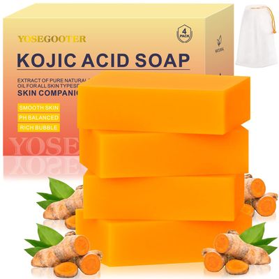 YOSEGOOTER Kojic Acid Soap 4 Packs,Turmeric Soap, Dark Spot Remover for face and body with Vitamin C, Retinol, Collagen, Original Japanese Complex - Vitamin E, Shea Butter, Castile Olive Oil 4 Bars