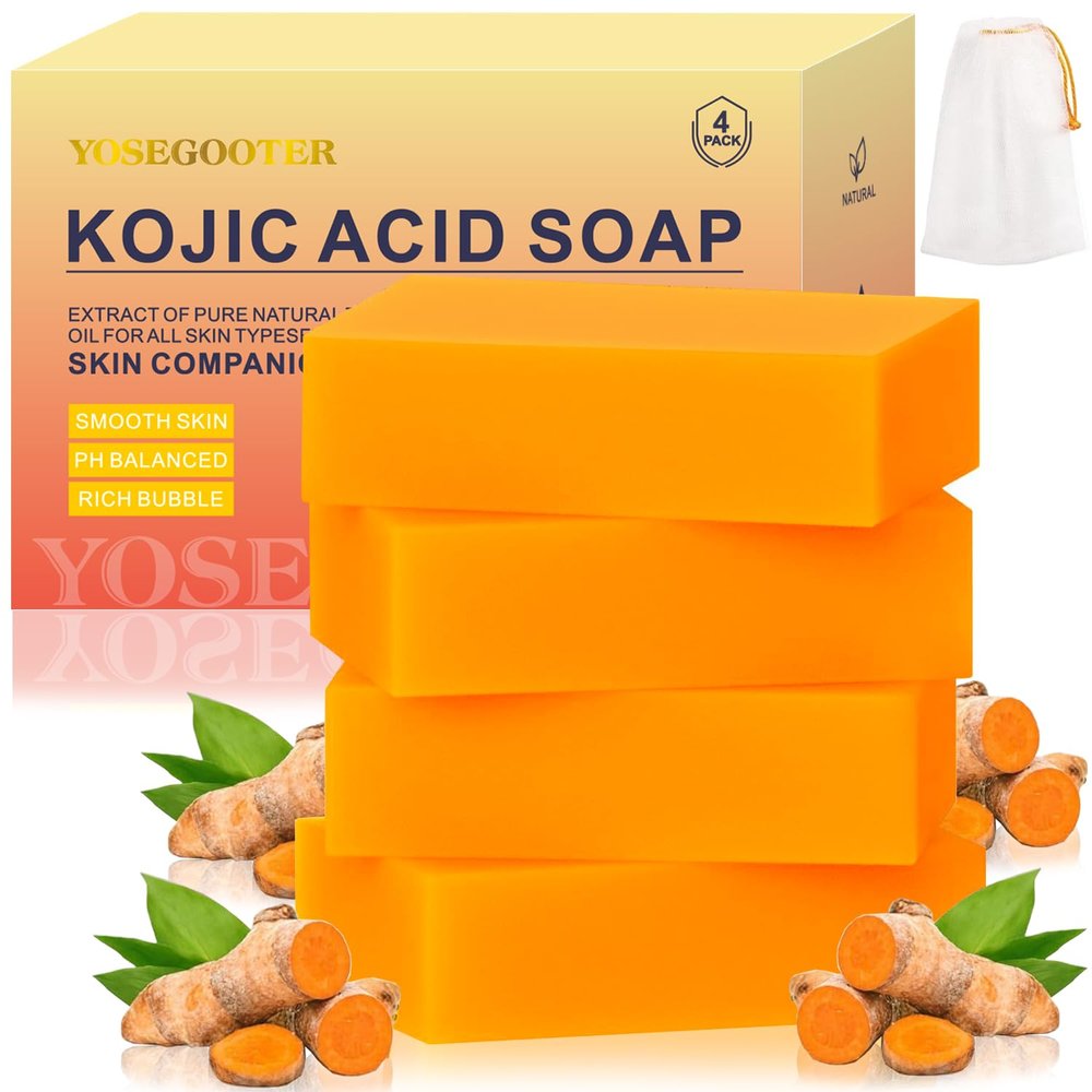 YOSEGOOTER Kojic Acid Soap 4 Packs,Turmeric Soap, Dark Spot Remover for face and body with Vitamin C, Retinol, Collagen, Original Japanese Complex - Vitamin E, Shea Butter, Castile Olive Oil 4 Bars