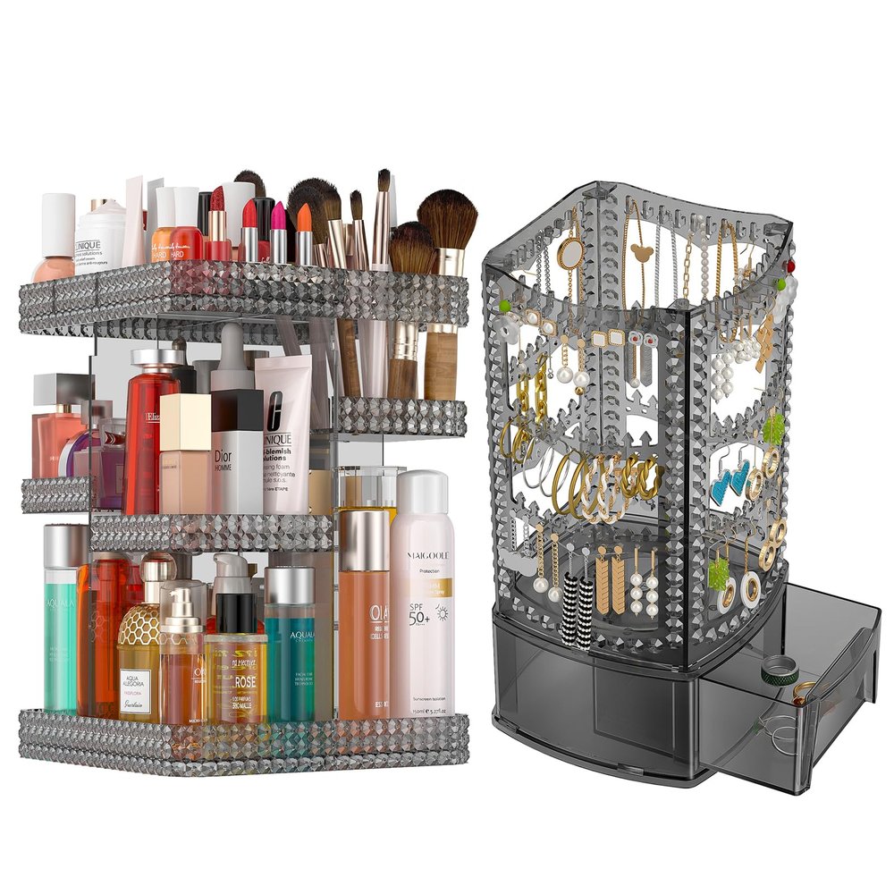 360 Rotating Makeup Organizer, Acrylic Earring Holder Jewelry Organizer, Total 2Pcs, Adjustable Large Capacity, Easy To Assemble Cosmetic Storage for Lipsticks Brushes, Perfume or Jewelry Display