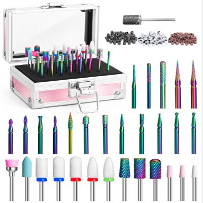 Onism 30Pcs Nail Drill Bits Set, 3/32" Tungsten Carbide Ceramic Quartz Kit with 75 Sanding Bands (#80/120/180), 40-Slot Expandable Organizer Box for Acrylic Gel Removal & Prep
