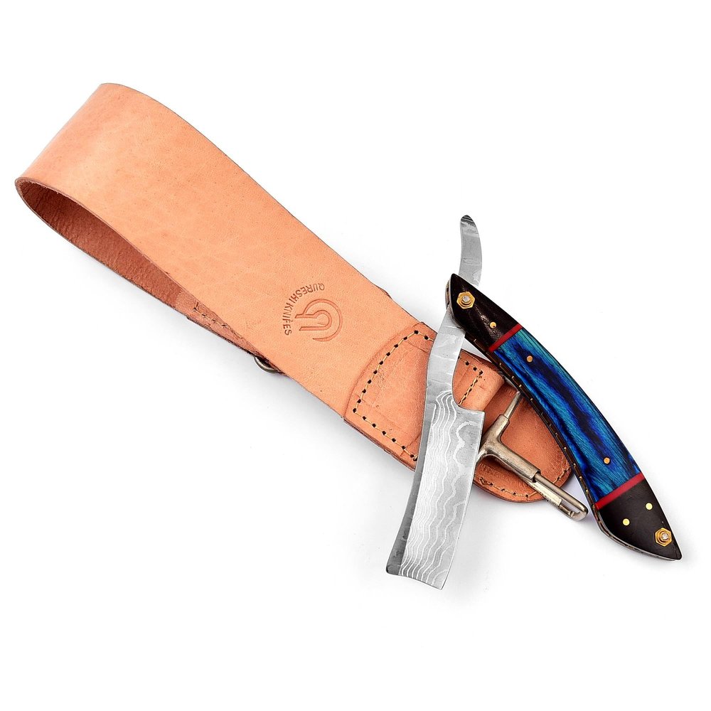 QURESHI KNIFES - Professional Straight Razor with Leather Strop - Straight Edge Barber Razor Premium for Men & Women (Damascus Steel Blade)