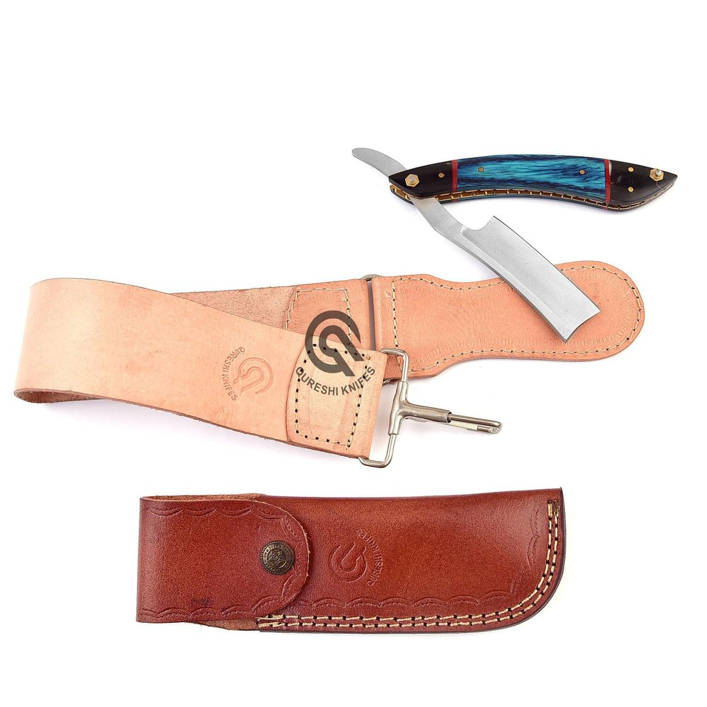 QURESHI KNIFES - Professional Straight Razor with Leather Strop - Straight Edge Barber Razor Premium for Men & Women (Stainless Steel Blade)
