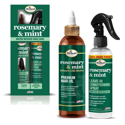 Difeel Rosemary & Mint Hair Care Set - 8oz Hair Oil and 8oz Leave-in Conditioning Spray in a Gift Box