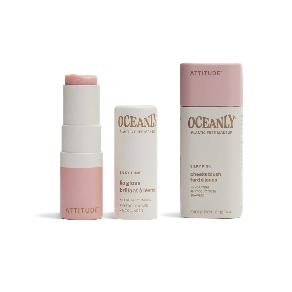 Bundle of ATTITUDE Oceanly Lightweight Blush Stick, Titanium Dioxide-Free, EWG Verified, Plastic-Free, Vegan & Cruelty-free Makeup, Silky Pink, 0.3 Oz + Sheer Lip Gloss Stick, Silky Pink, 0.12 Oz