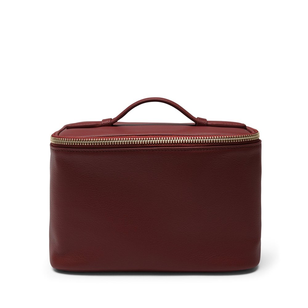 Leatherology Bordeaux Small Train Case Full-Grain Leather Travel Cosmetic Bag with Water-Resistant Lining, Zippered & Open Pockets, Compact Beauty Organizer