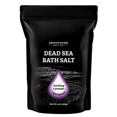 Aromasong Pure Dead Sea Salt for Soaking with 100% Natural Lavender, 14 Oz. - Spa Bath Salt Fine Grain - Body Wash Scrub - Soak for Women & Men- Resealable Pack