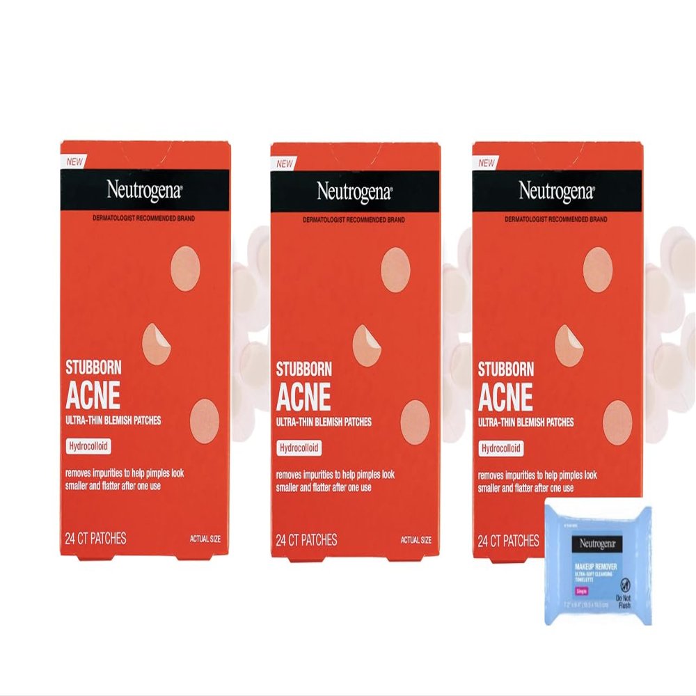 Neutrogena Stubborn Acne Blemish Patches, Ultra-Thin Hydrocolloid Acne Patch Absorbs Fluids & Removes Impurities To Help Pimples Look Smaller After One Use 3x 24 Patches
