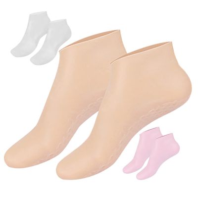 Healeved 3pairs Moisturizing Foot Socks for Dry Cracked Skin Reusable Overnight Lotion Socks for Intensive Hydration Skin Tone Pink and Foot Care