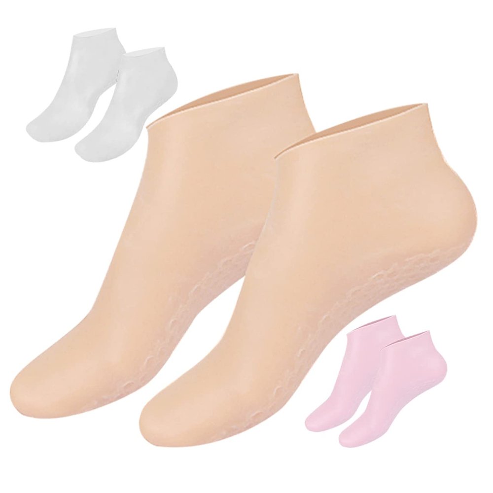 Healeved 3pairs Moisturizing Foot Socks for Dry Cracked Skin Reusable Overnight Lotion Socks for Intensive Hydration Skin Tone Pink and Foot Care