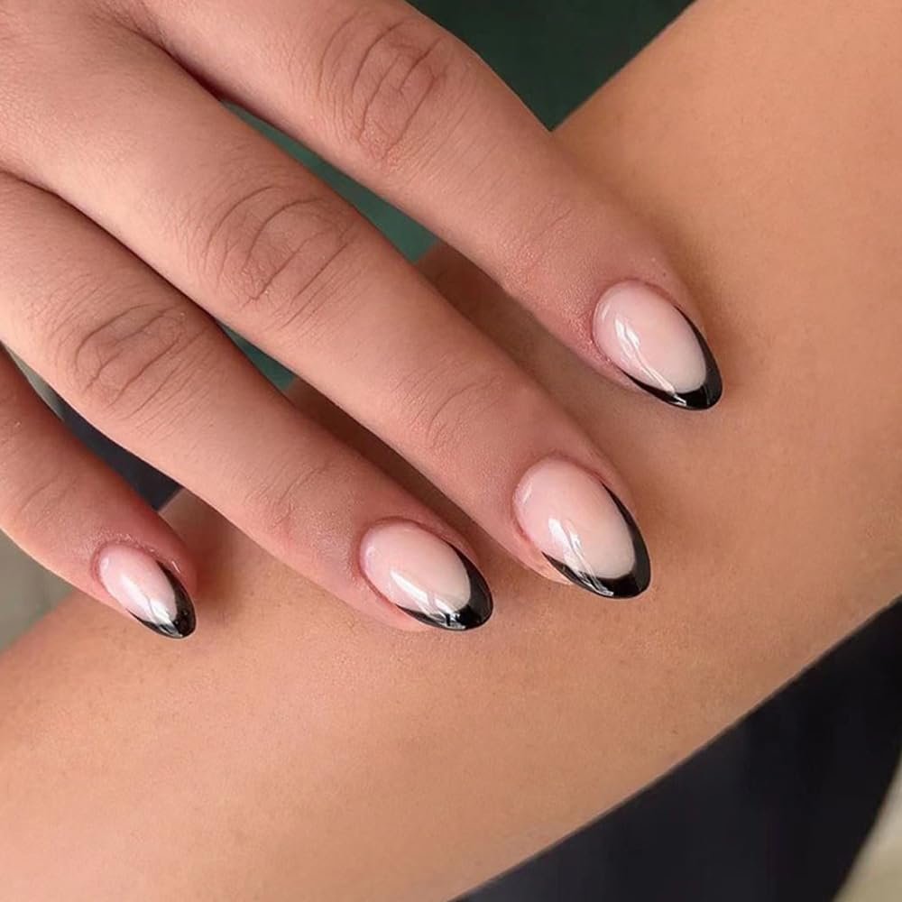 ANDGING Black French Tip Press on Nails - Almond Short Fake Nails with fake Acrylic fake & Designs Gel Classy Manicure for Women, Girls, Stick-Ons for Wedding, Birthday DKL88