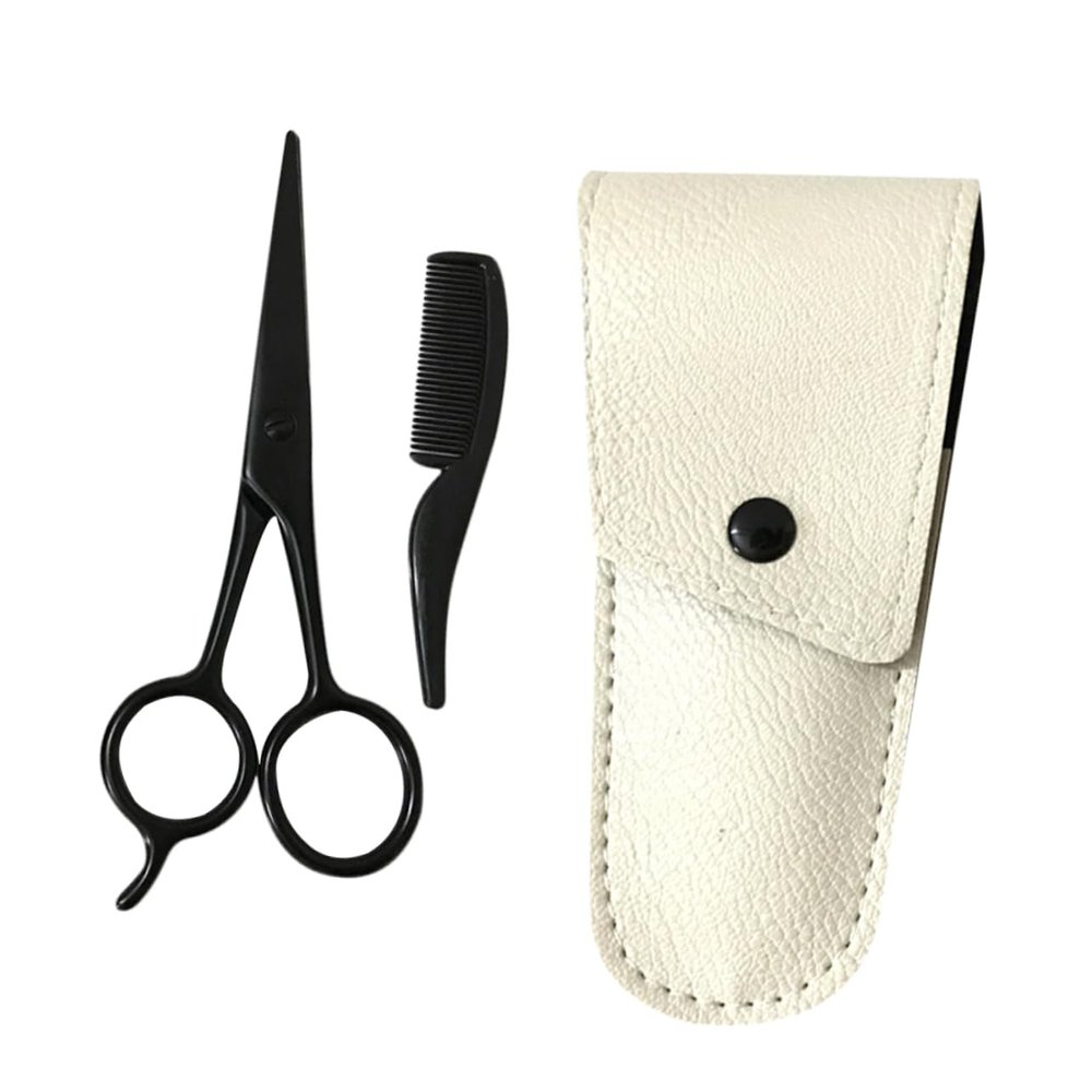 FOMIYES 3pcs Beard Scissors Set Stainless Grooming Kit Black Scissors Apricot Leather Sheath and Small Comb for Beard Care and Trimming