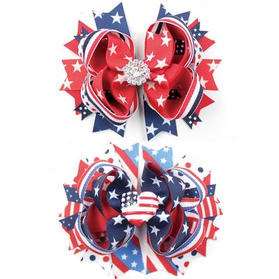 2 Pcs/Pack 4th Of July Hair Accessories Glisten Love American Flag Hair Bow 4.7 Inch Large Patriotic Bow Red White And Blue Hair Accessories For kids Girls Independence Day Gift