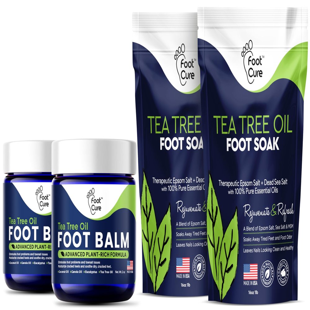 Tea Tree Oil Foot Balm - Foot Moisturizer for Dry Cracked Feet & Tea Tree Oil Foot Soak with Epsom Salt - Best Toenail Fungus Treatment, Athletes Foot & Softens Calluses