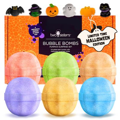 Halloween Bath Bombs for Kids with Surprise Halloween Toys Inside (6 Pack) - Large Pumpkin Bath Bombs for Kids, Boys, Girls & Teens Spooky Boo Basket Stuffers for Kids - Made in USA by Two Sisters