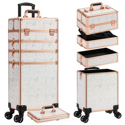 AROUS Rolling Makeup Train Case 5 in 1 Cosmetology Case on Wheels Large Cosmetic Organizer Travel Cart for Hairstylist Artist Nail Beauty Salon Barber,White