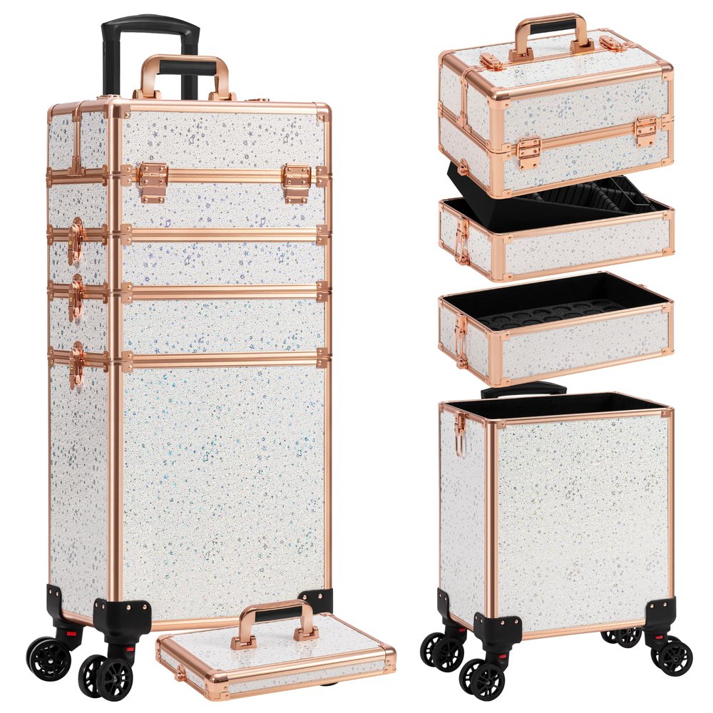 AROUS Rolling Makeup Train Case 5 in 1 Cosmetology Case on Wheels Large Cosmetic Organizer Travel Cart for Hairstylist Artist Nail Beauty Salon Barber,White