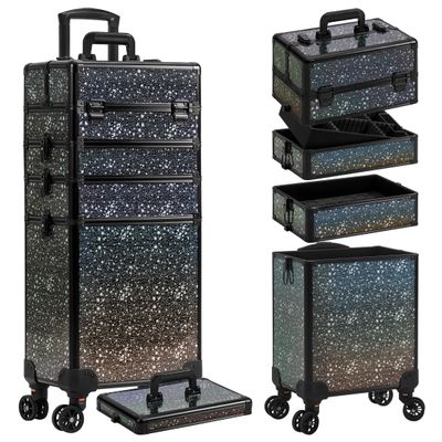 AROUS Rolling Makeup Train Case 5 in 1 Cosmetology Case on Wheels Large Cosmetic Organizer Travel Cart for Hairstylist Artist Nail Beauty Salon Barber,Black