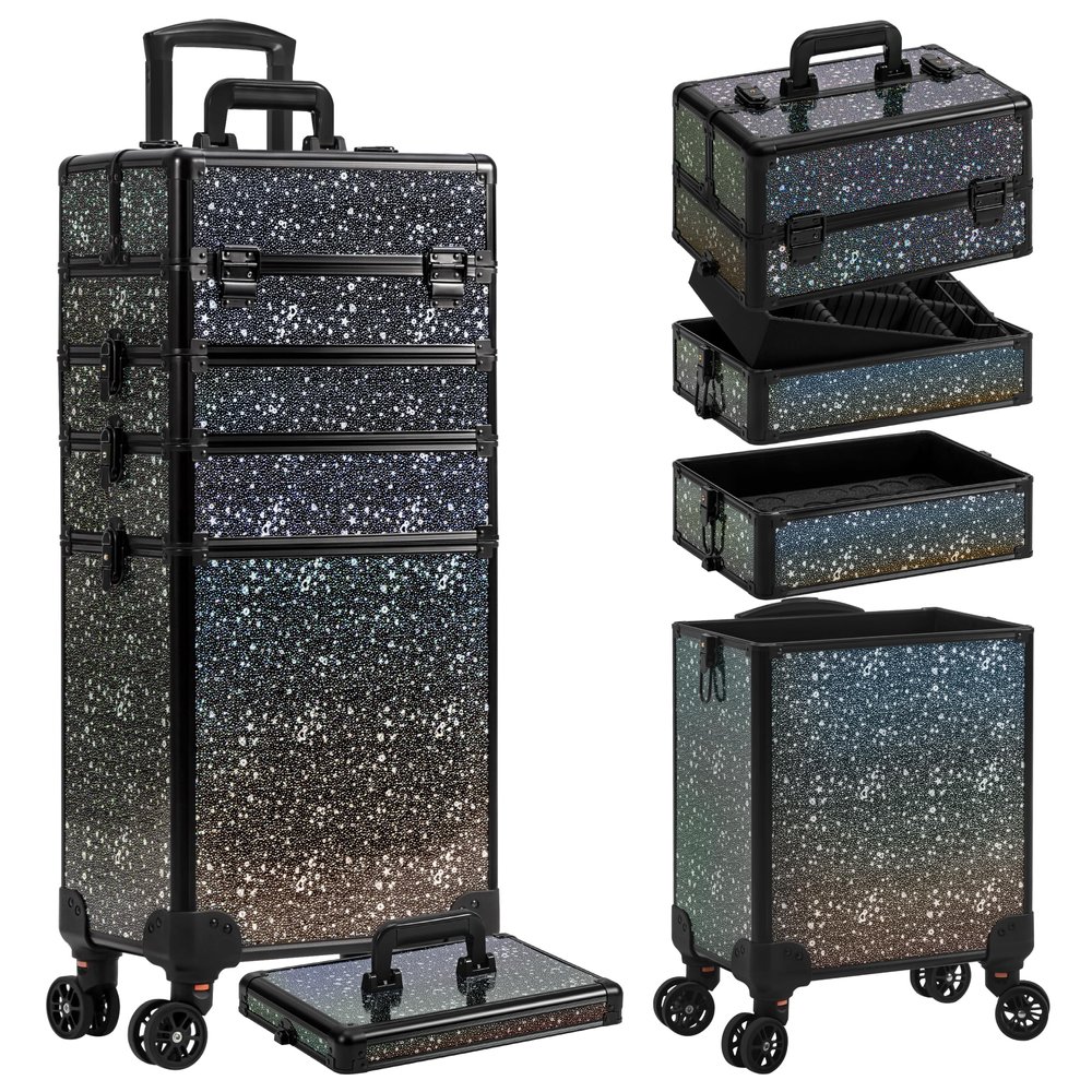 AROUS Rolling Makeup Train Case 5 in 1 Cosmetology Case on Wheels Large Cosmetic Organizer Travel Cart for Hairstylist Artist Nail Beauty Salon Barber,Black