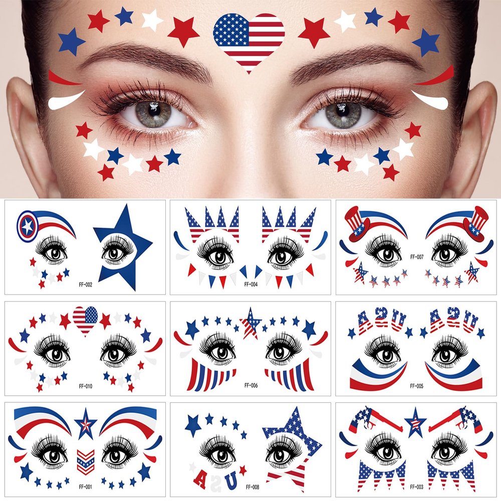 10 Sheets Fourth of July Face Temporary Tattoo Sticker, Glitter USA Flag Star Face Transfer Tattoo Freckle Sticker for 4th of July Holiday Party Costume Body Face Decorations Supplies