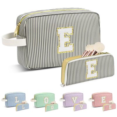 DOSUKE Travel Makeup Bag Christmas Gifts for Women Girl Teens, Personalized Initial Makeup Bag for Cute Teen Girls, Preppy Stuff Toiletry Bag Cosmetic Bag, Teen Girls Gift Trendy Stuff, Letter E