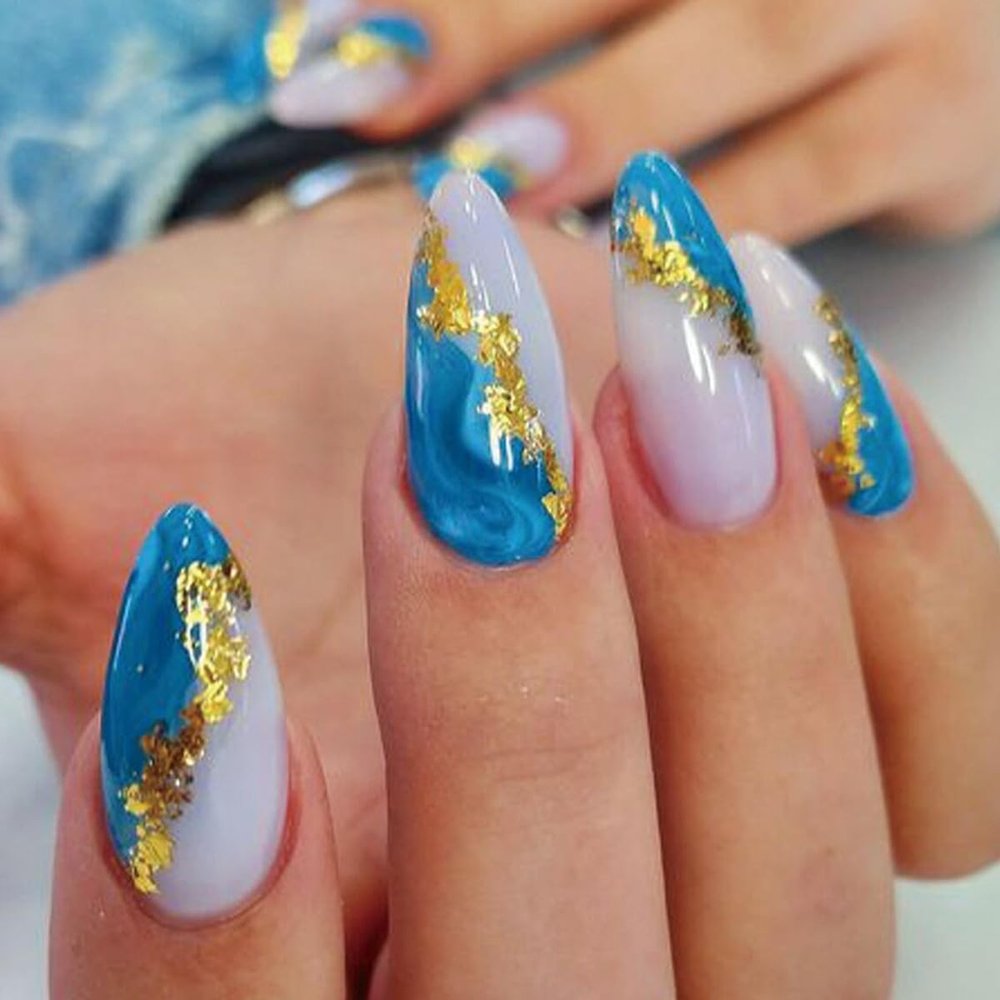 CEWEWP 24Pcs Blue Gold Foil Press on Nails Almond Medium Fake Nails French Tip False Nails Glossy Full Cover Glue on Nails Acrylic Nails Artificial Nails for Women Manicure Reusable Stick on Nails