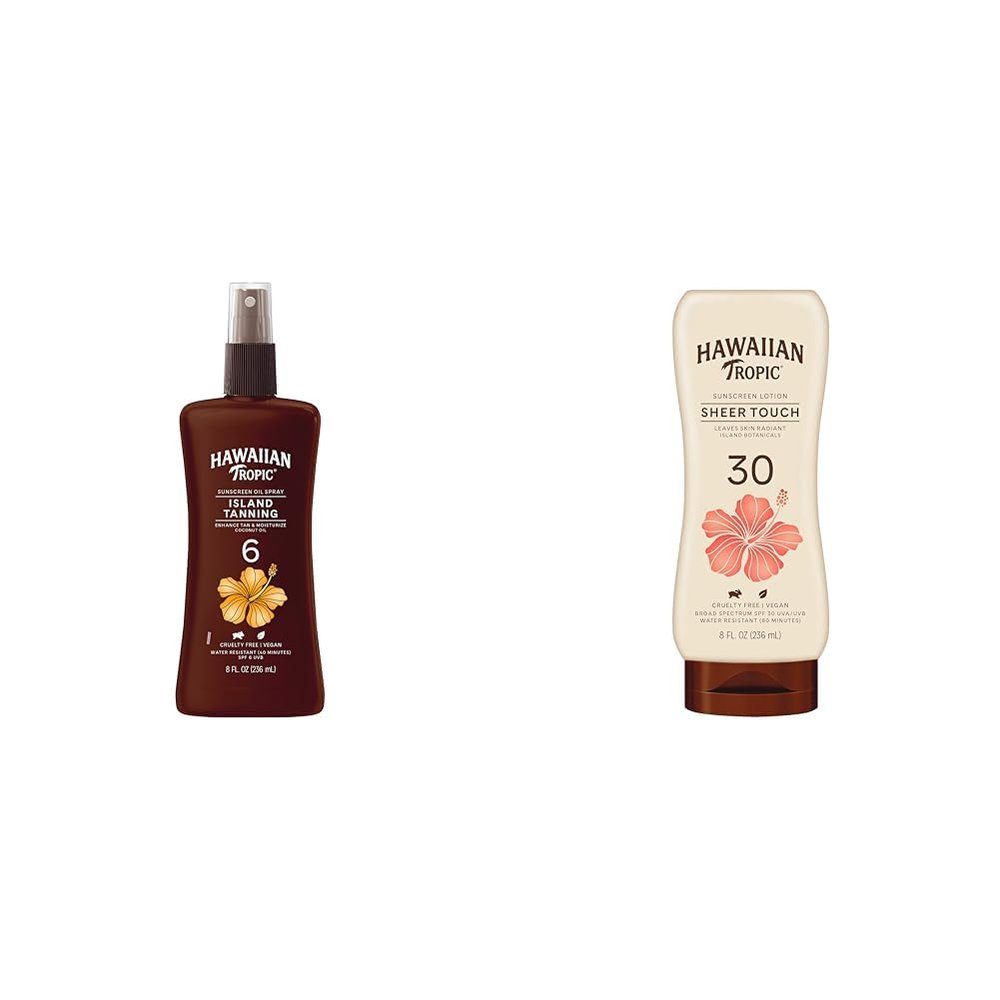 Hawaiian Tropic Island Tanning Oil Spray SPF 6 & Sheer Touch Ultra Radiance Sunscreen Lotion SPF 30 Bundle, 8oz Each | Tanning & Sunscreen Lotions