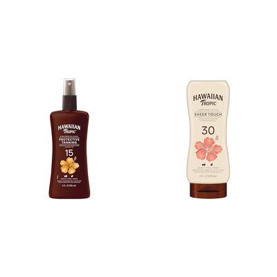 Hawaiian Tropic SPF 15 Coconut Oil Tanning Spray & SPF 30 Sheer Touch Ultra Radiance Sunscreen Lotion Bundle, 8oz Each