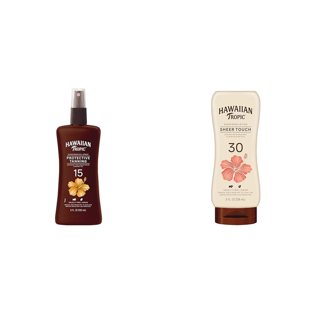 Hawaiian Tropic SPF 15 Coconut Oil Tanning Spray & SPF 30 Sheer Touch Ultra Radiance Sunscreen Lotion Bundle, 8oz Each