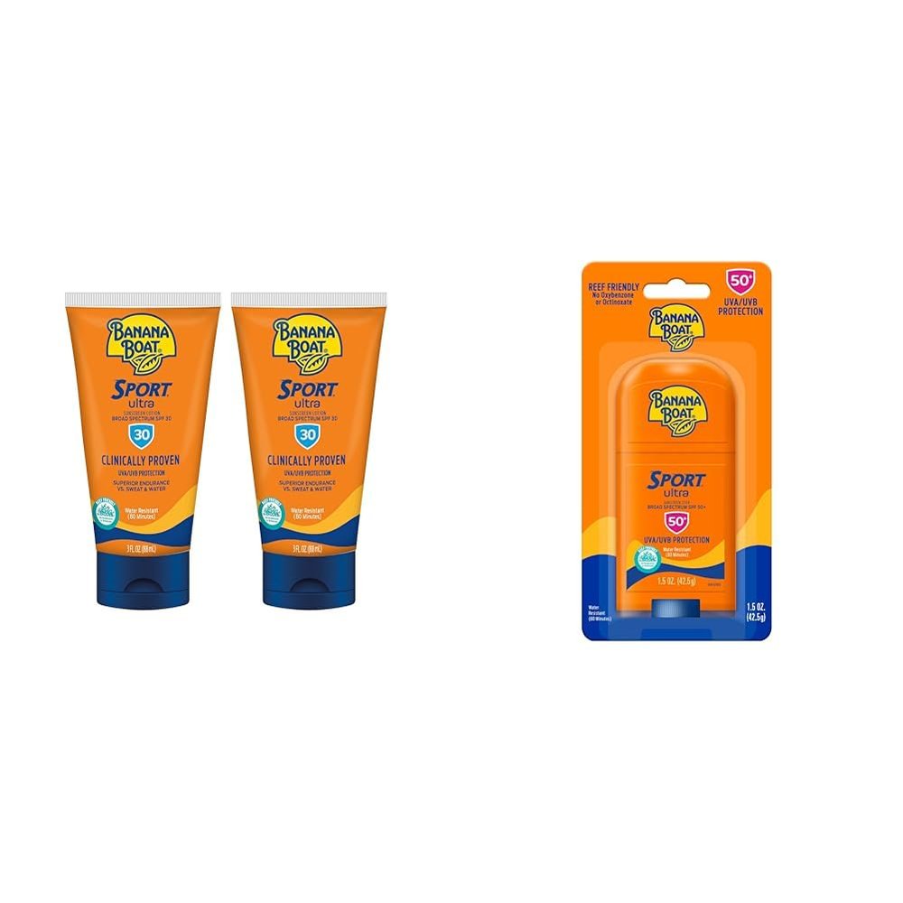 Banana Boat Sport Ultra Sunscreen Lotion SPF 30 Twin 3oz Pack and Sport Ultra Reef Friendly Sunscreen Stick SPF 50 1.5oz