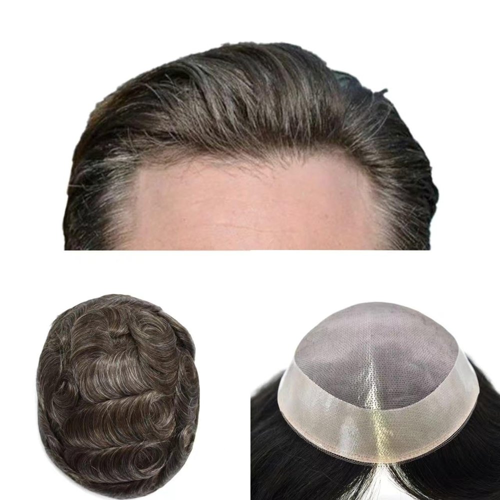 F M Durable Human Hair System for Men Fine Mono with Poly Coating around Toupee for Men NPU Mens Hair Replacement System Hairpiece 8"x10" 330# 3# Dark Brown +30% gray-120% density