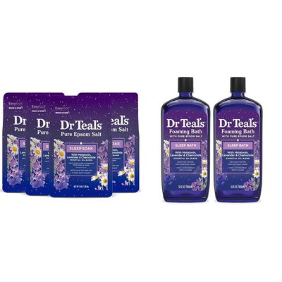 Dr Teal's Epsom Salt Soak & Foaming Bath Bundle with Melatonin, Lavender & Chamomile - 12 lb Salt Soak (4 Packs) & 68 fl oz Foaming Bath (2 Packs)
