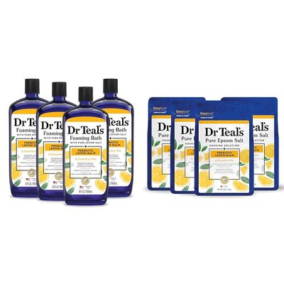 Dr Teal's Foaming Bath & Pure Epsom Salt with Prebiotic Lemon Balm, 34 fl oz (Pack of 4) & 3 lbs (Pack of 4)