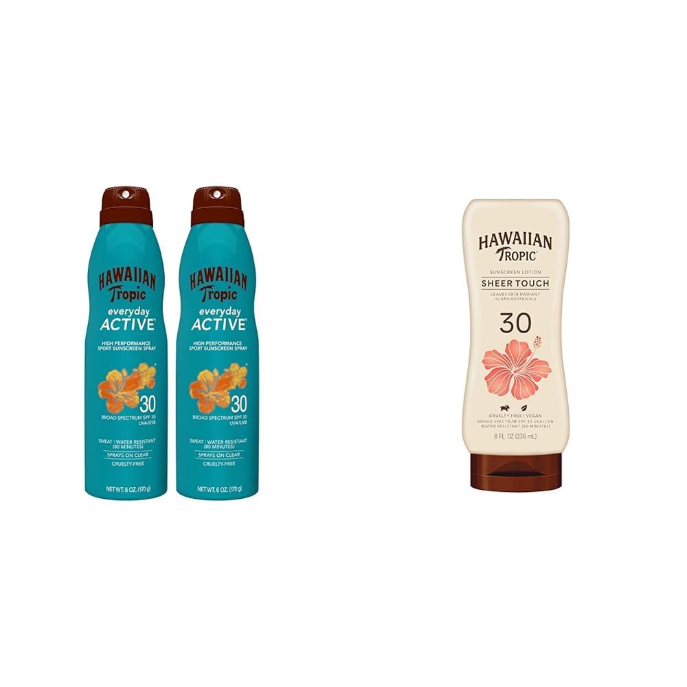 Hawaiian Tropic Everyday Active Clear Spray Sunscreen SPF 30 Twin Pack & Sheer Touch Ultra Radiance Lotion Sunscreen SPF 30
