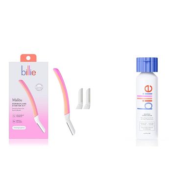 Billie Dermaplane Starter Kit - Reusable Handle + 3 Refill Blades - Remove Facial Hair, Shape Brows + Whipped Shave Cream - Lavender & Bergamot Scent
