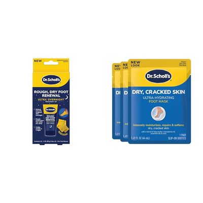 Dr. Scholl's Rough, Dry Foot Renewal Ultra Overnight Treatment with 3oz Foot Cream, Heel Sleeve Socks & 3 Pack Ultra Hydrating Foot Mask