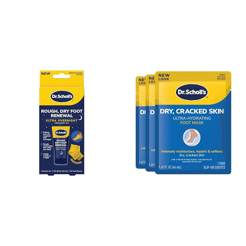 Dr. Scholl's Rough, Dry Foot Renewal Ultra Overnight Treatment with 3oz Foot Cream, Heel Sleeve Socks & 3 Pack Ultra Hydrating Foot Mask