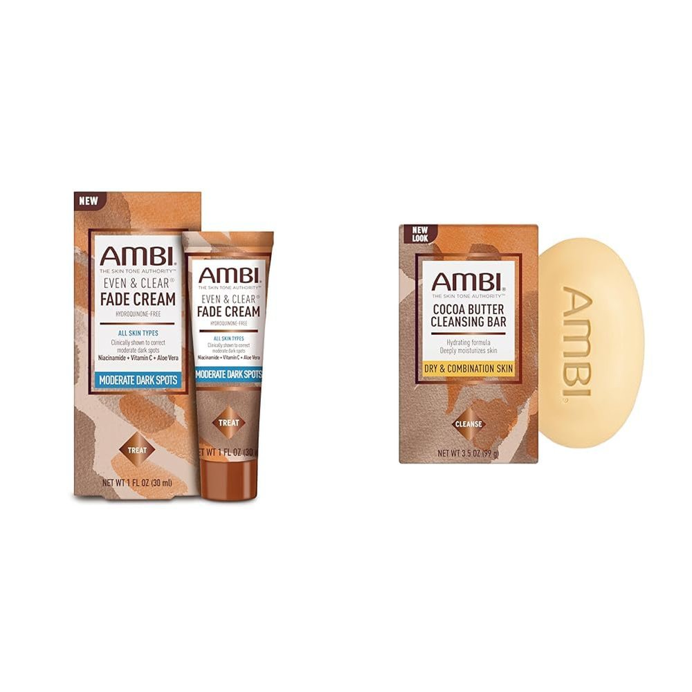 Ambi Even & Clear Fade Cream Dark Spot Corrector Bundle with Cocoa Butter Cleansing Bar, 3.5 Ounce