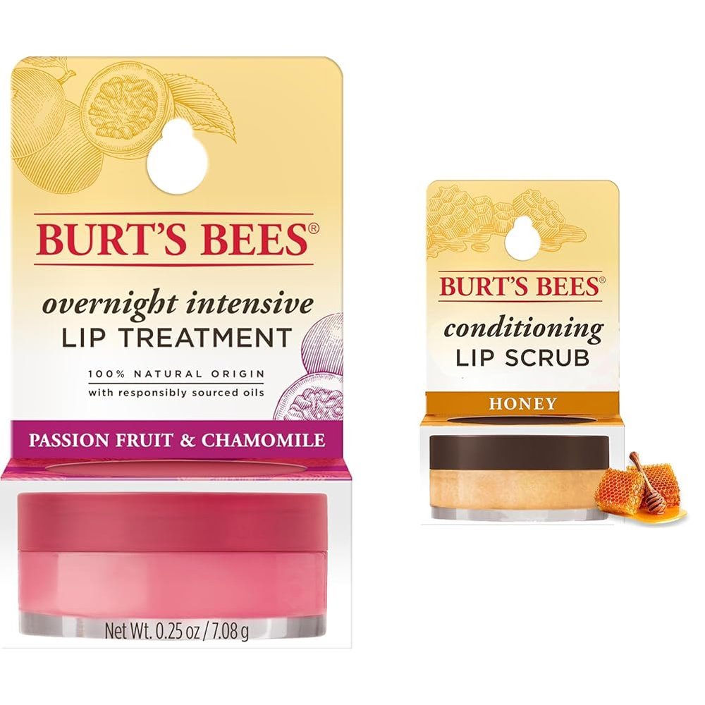 Burt's Bees Overnight Lip Sleeping Mask 0.25oz, Conditioning Honey Lip Scrub 0.25oz - Moisturizing, Hydrating, Exfoliating