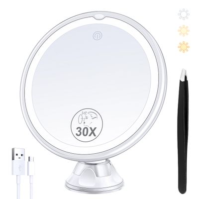 Lighted Makeup Mirror with 30X Magnification, 30X Magnifying Mirror Suction Cup with Light, 3 Color Modes and Adjustable Brightness, 360Swivel Magnifying Mirrors with Light for Vanity 1500mAh