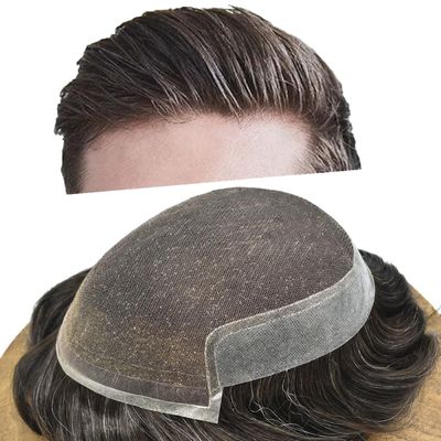 PUNRU HAIR Men's Toupee Men Hair System 100% Human Hair Swiss Lace Front Replacement System Bleached Knot Mens Hair Piece Lace Toupee for Men 7X9#220#2 Darkest Brown+20% Grey 80% Density